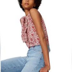 Derek Lam Red &White Sleeveless Floral Ruffle Front Blouse Size 42